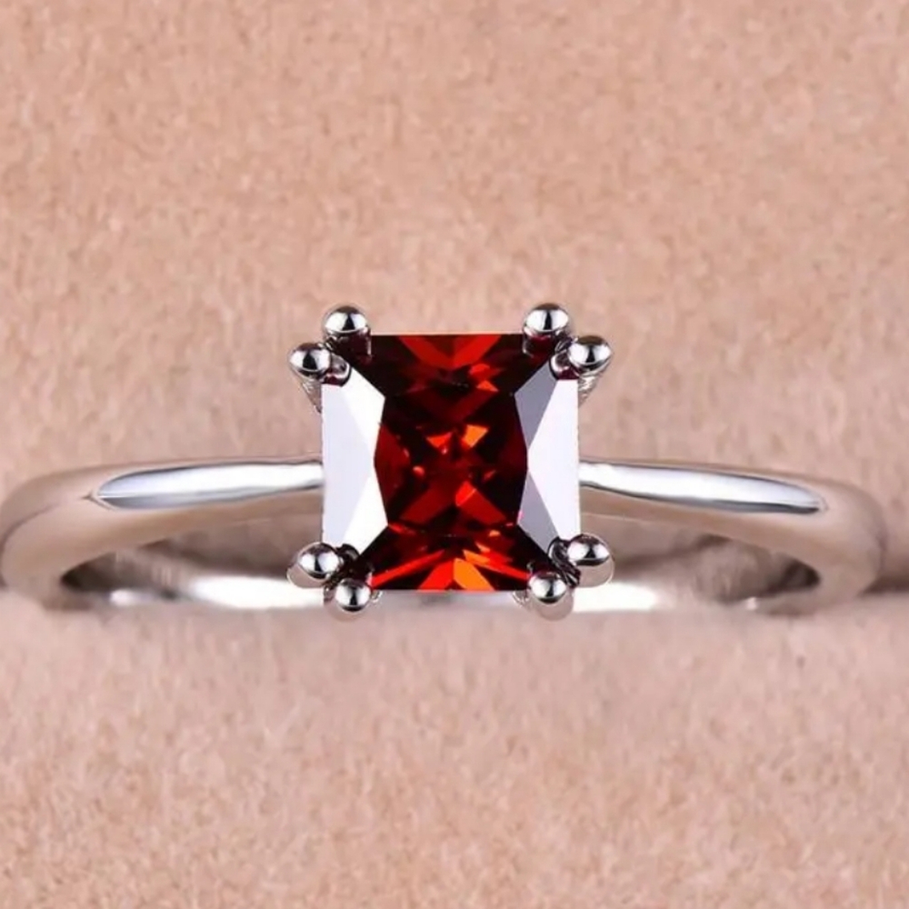 BOGO! Ruby Princess Cut Solitaire Fine Silver Ring Size 6.5